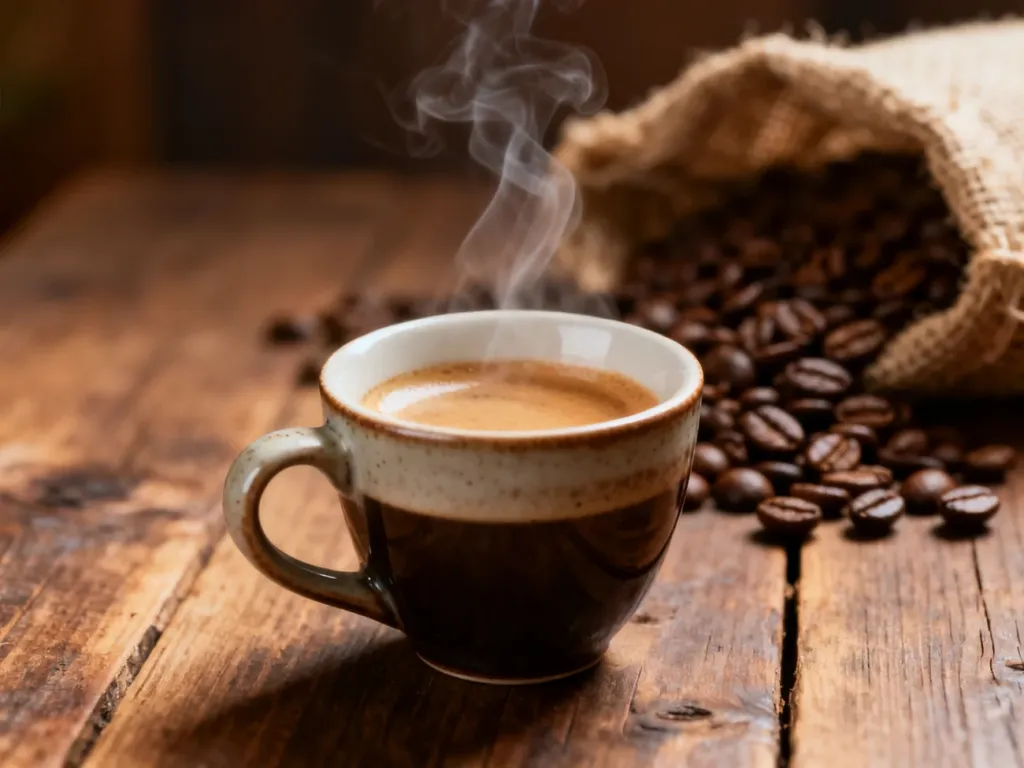 Parująca filiżanka espresso na drewnianym stole w otoczeniu ziaren kawy, tworząca przytulny klimat.