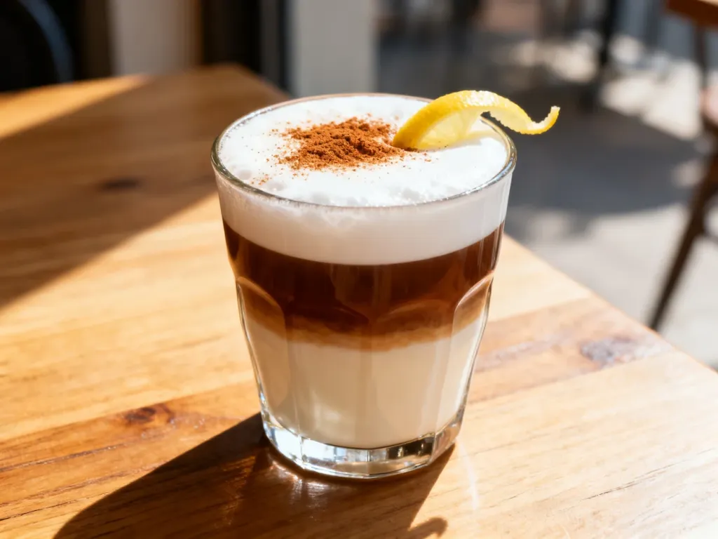 Tradycyjna kawa barraquito w szklance z wyraźnymi warstwami mleka, espresso i pianki, udekorowana cynamonem i cytryną.