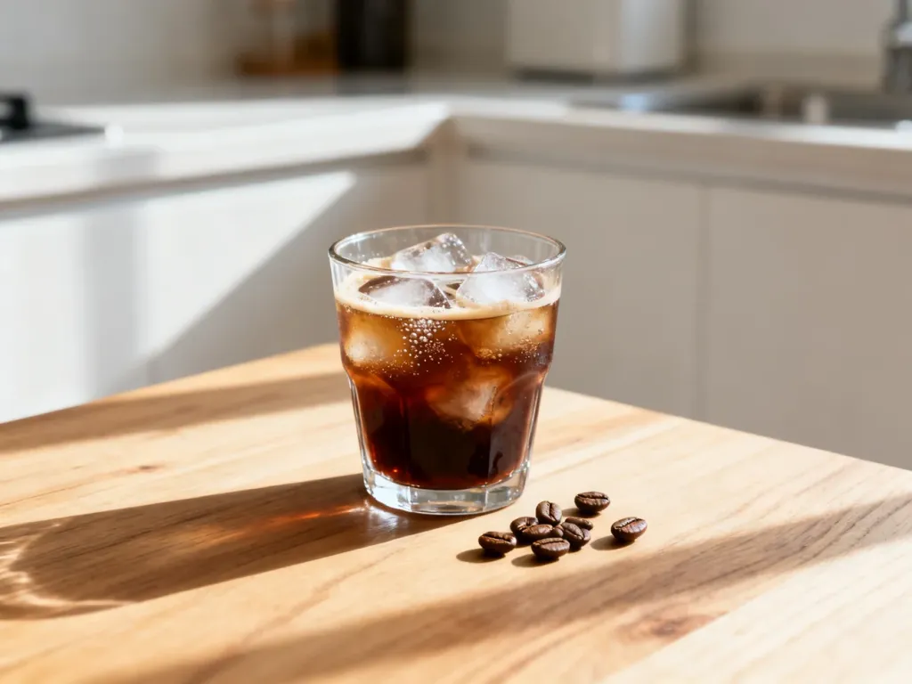 Orzeźwiające espresso tonic w szklance z lodem, ustawione na drewnianym stole obok rozsypanych ziaren kawy.