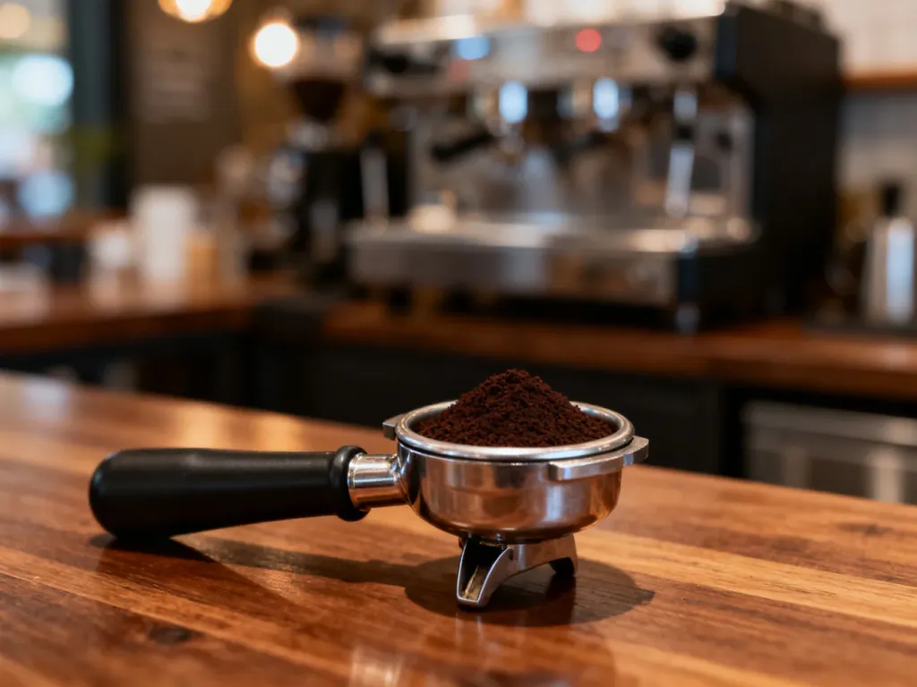 Świeżo zmielona kawa w kolbie ekspresu przygotowana do parzenia espresso w przytulnej kawiarni.