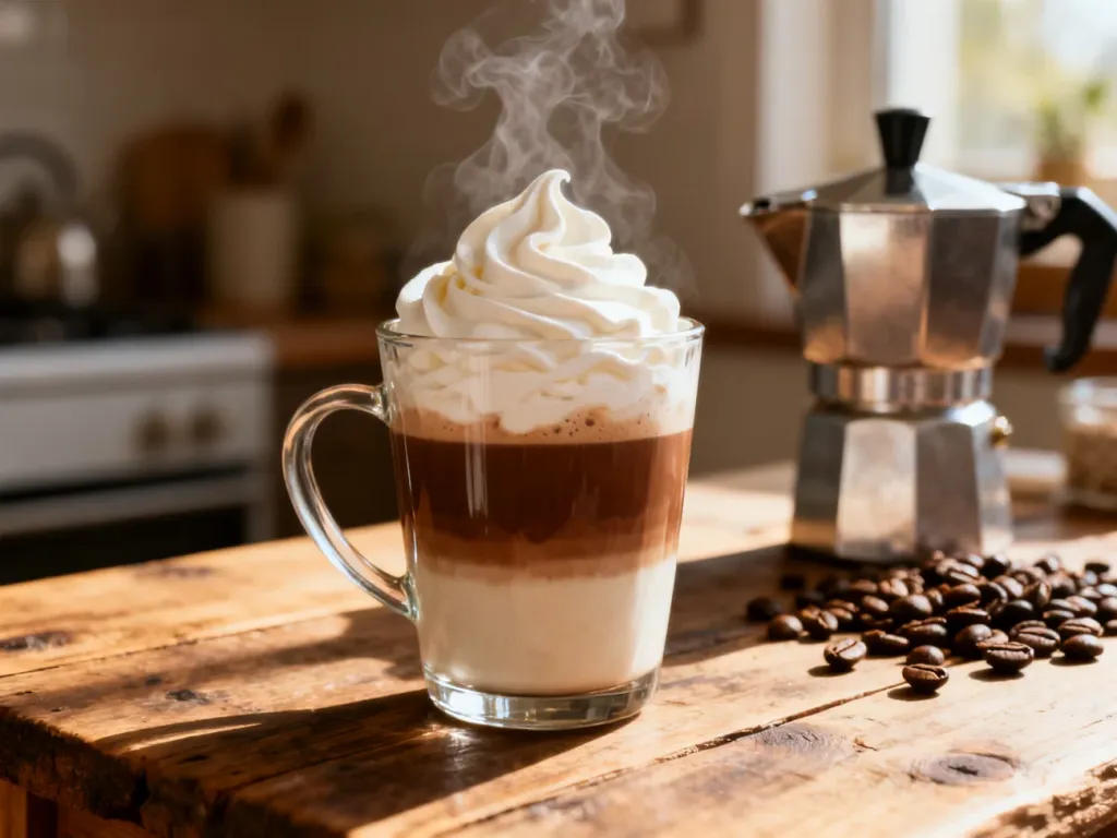 Szklanka gorącej kawy mocha z bitą śmietaną na drewnianym stole, w tle kawiarka i ziarna kawy.
