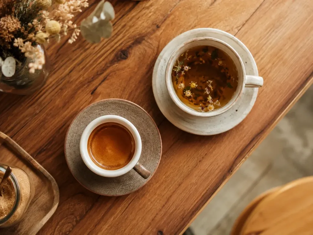 Filiżanka kawy i kubek herbaty na kontuarze lokalu gastronomicznego