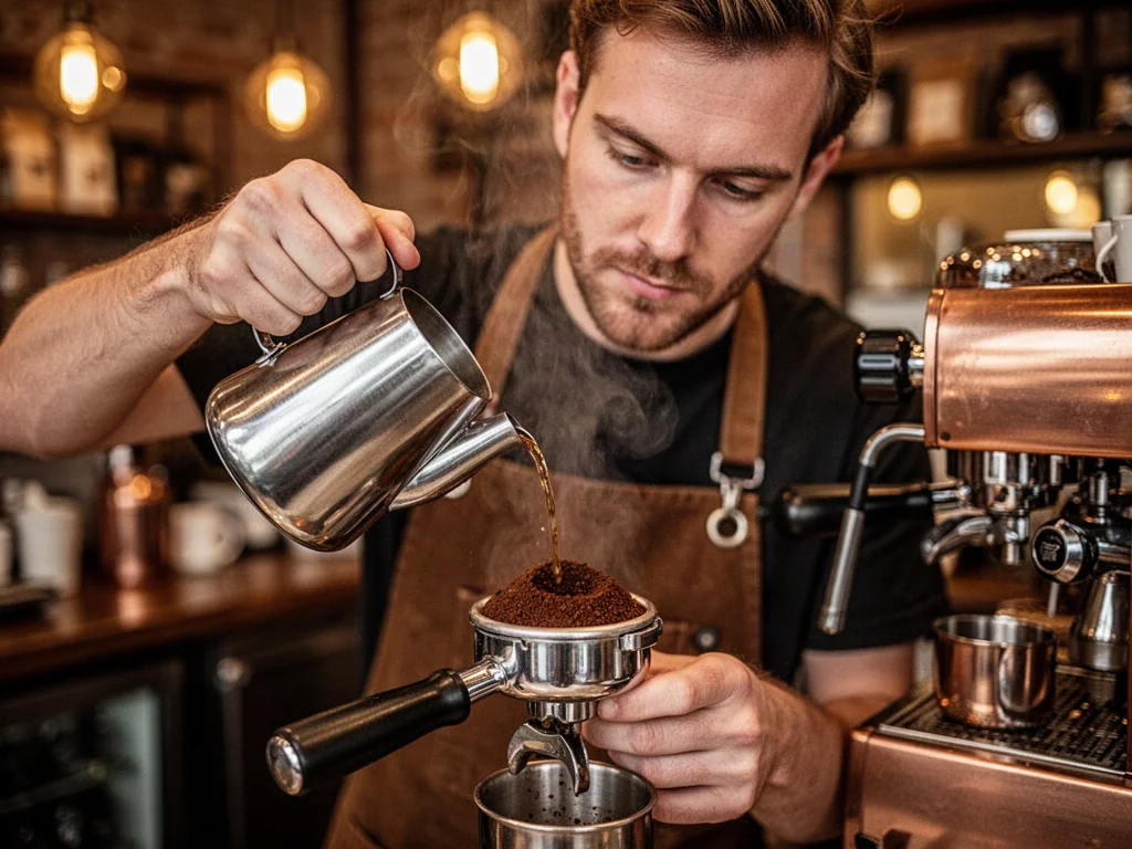 Barista przygotowujący espresso, precyzyjnie zalewający świeżo zmieloną kawę w kolbie ekspresu.