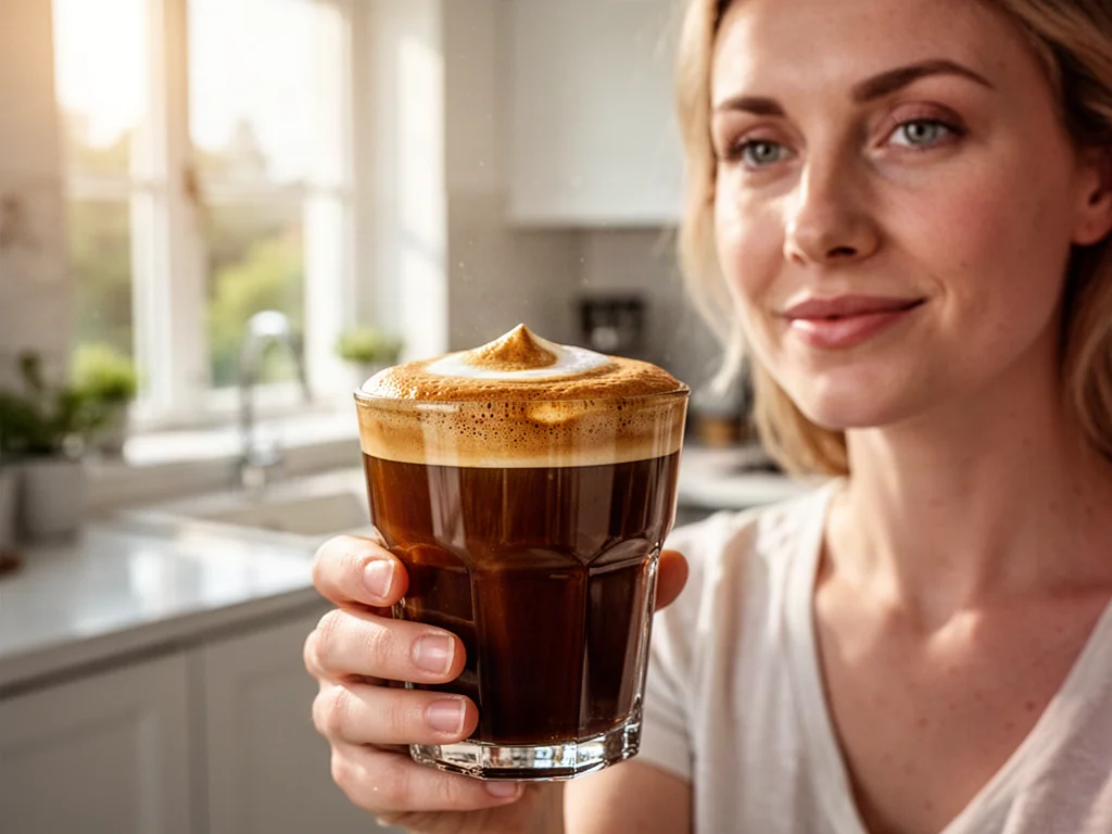 Kobieta trzyma szklankę orzeźwiającego freddo espresso z gęstą pianką w słonecznej kuchni.
