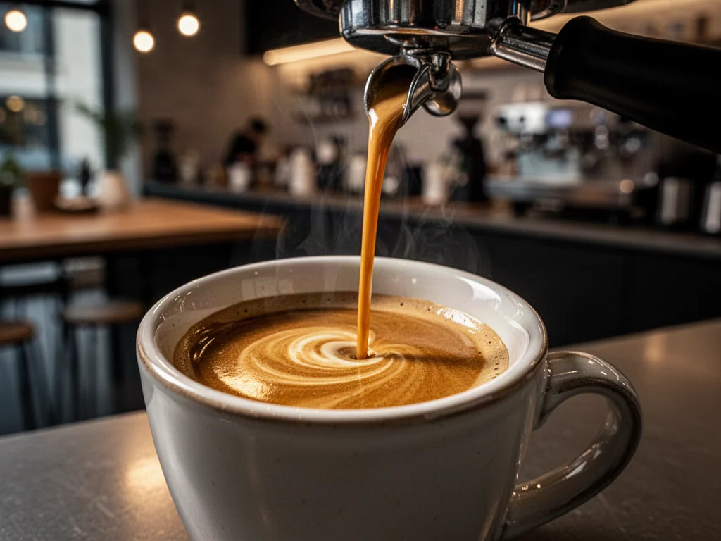 Podwójne espresso w ceramicznej filiżance z gęstą, złotobrązową cremą w kawiarnianym wnętrzu.