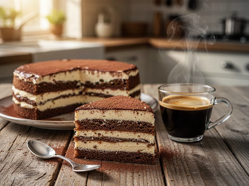 Kawałek warstwowego tortu kawowego z kremem i kakao, podany obok filiżanki espresso na rustykalnym stole.