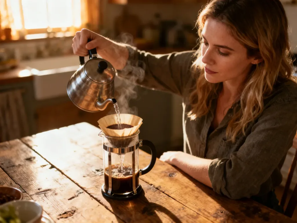 Kobieta zalewa gorącą wodą zmieloną kawę w szklanym zaparzaczu typu French press na drewnianym stole.