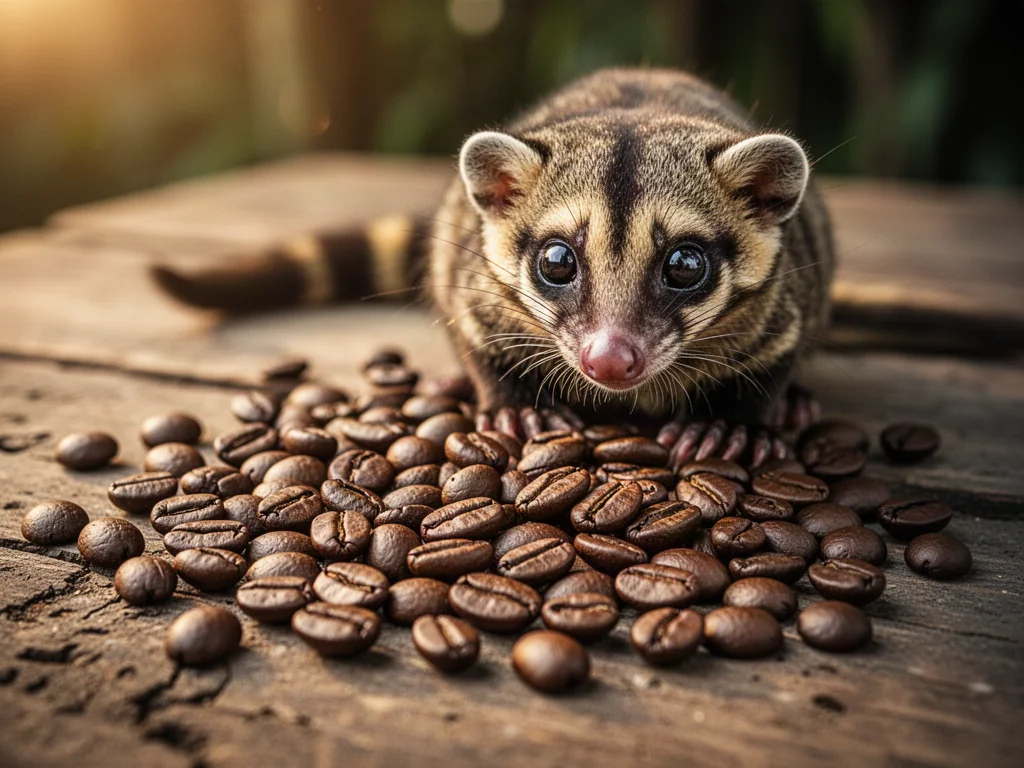 Ziarna kawy na drewnianym stole z rozmytą sylwetką łaskuna w tle, ilustrujące pochodzenie kawy kopi luwak.
