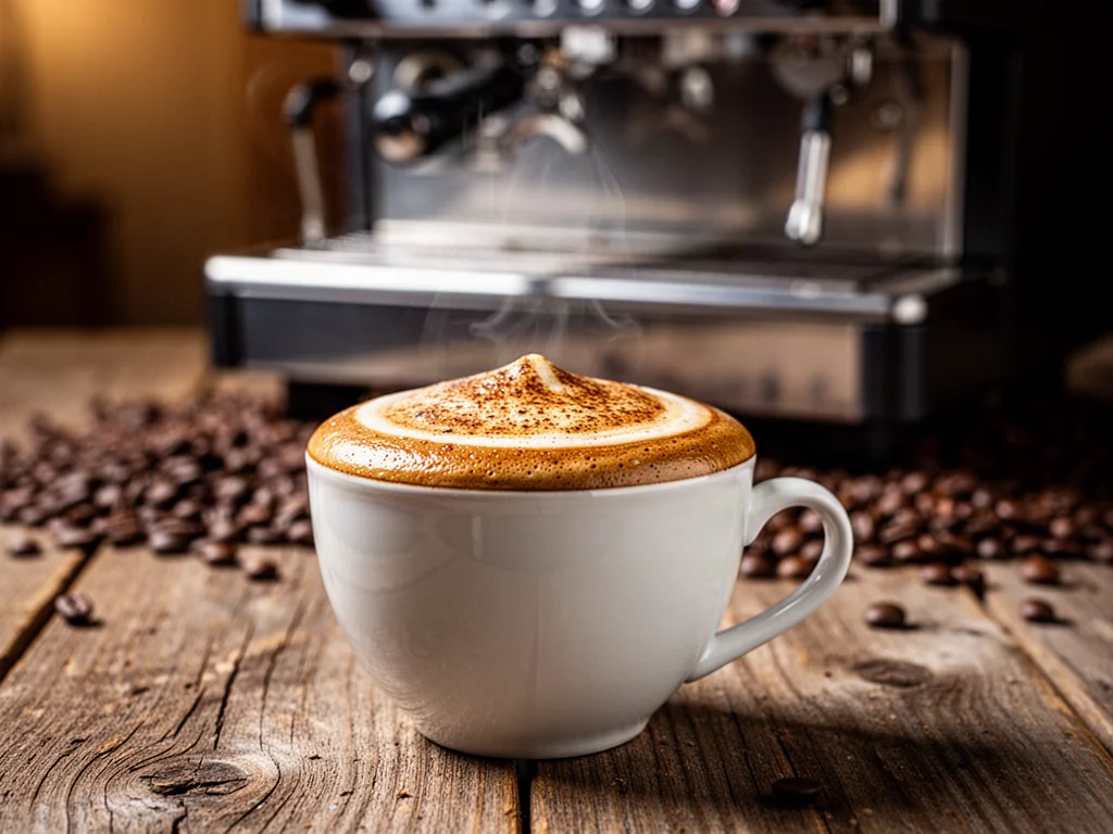 Filiżanka cafe crema z gęstą, orzechową pianką na drewnianym stole w kawiarnianym klimacie.