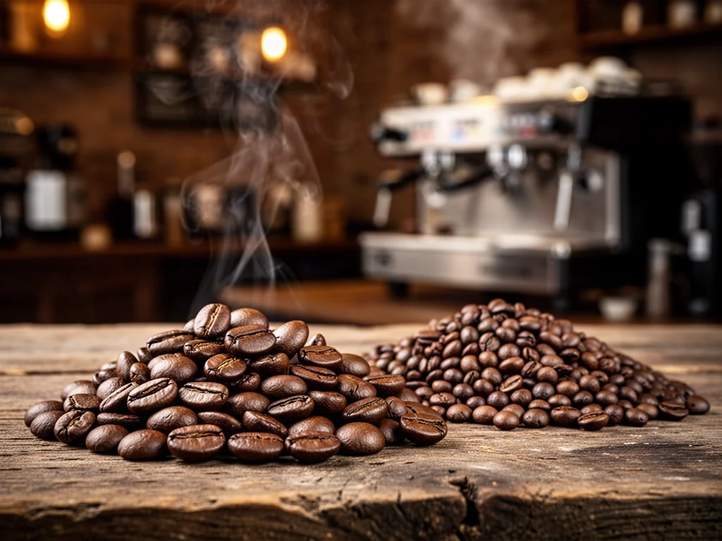 Porównanie ziaren kawy arabica i robusta na drewnianym stole w klimatycznej kawiarni.