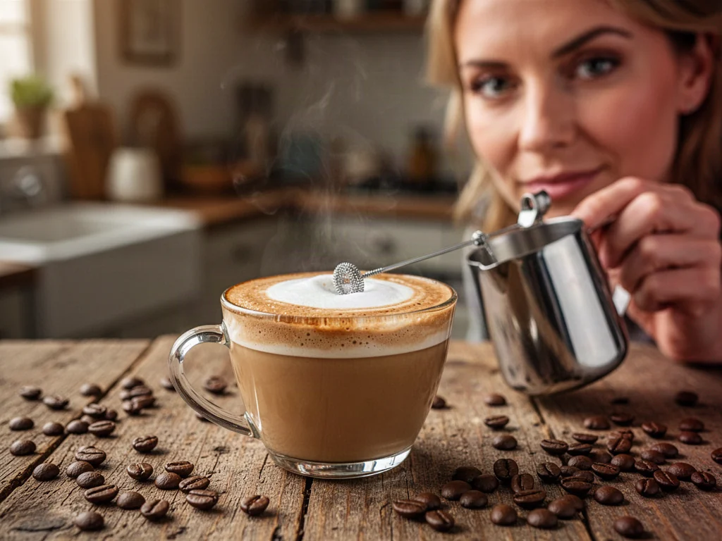 Kobieta przygotowuje domowe cappuccino przy użyciu spieniacza do mleka na drewnianym stole w przytulnej kuchni.