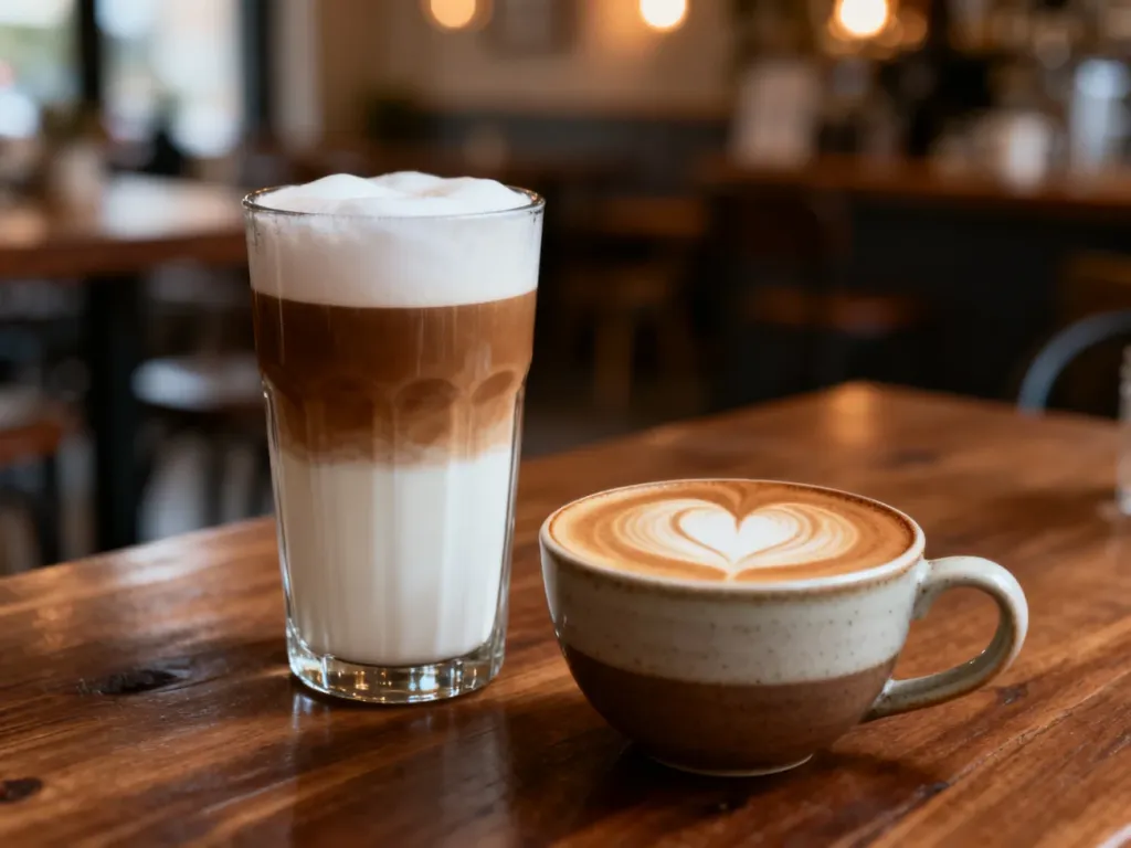 Wysoka szklanka latte macchiato z widocznymi warstwami oraz filiżanka latte z wzorem serca na drewnianym stole w kawiarni.