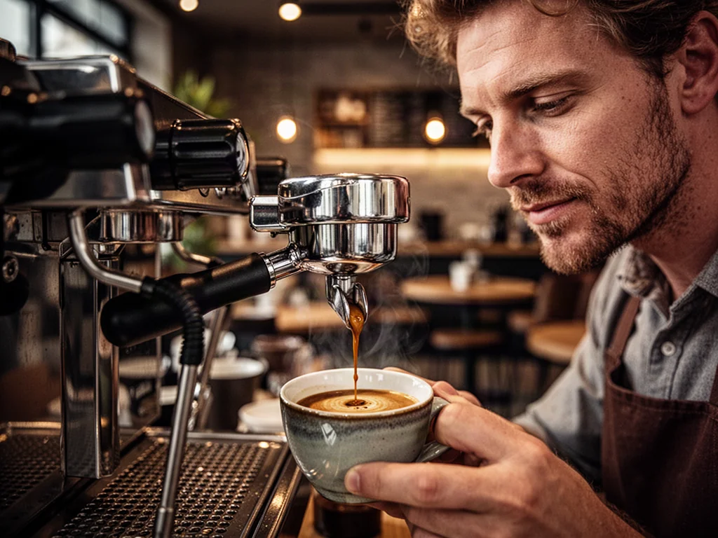Profesjonalny portafiltr z zaparzającym się espresso w kawiarni. Świeża kawa kapie do ceramicznej filiżanki.