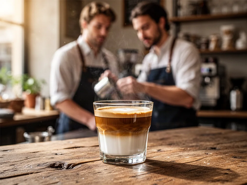 Szklanka kawy cortado z widocznymi warstwami espresso i mleka na drewnianym stole w przytulnej kawiarni.
