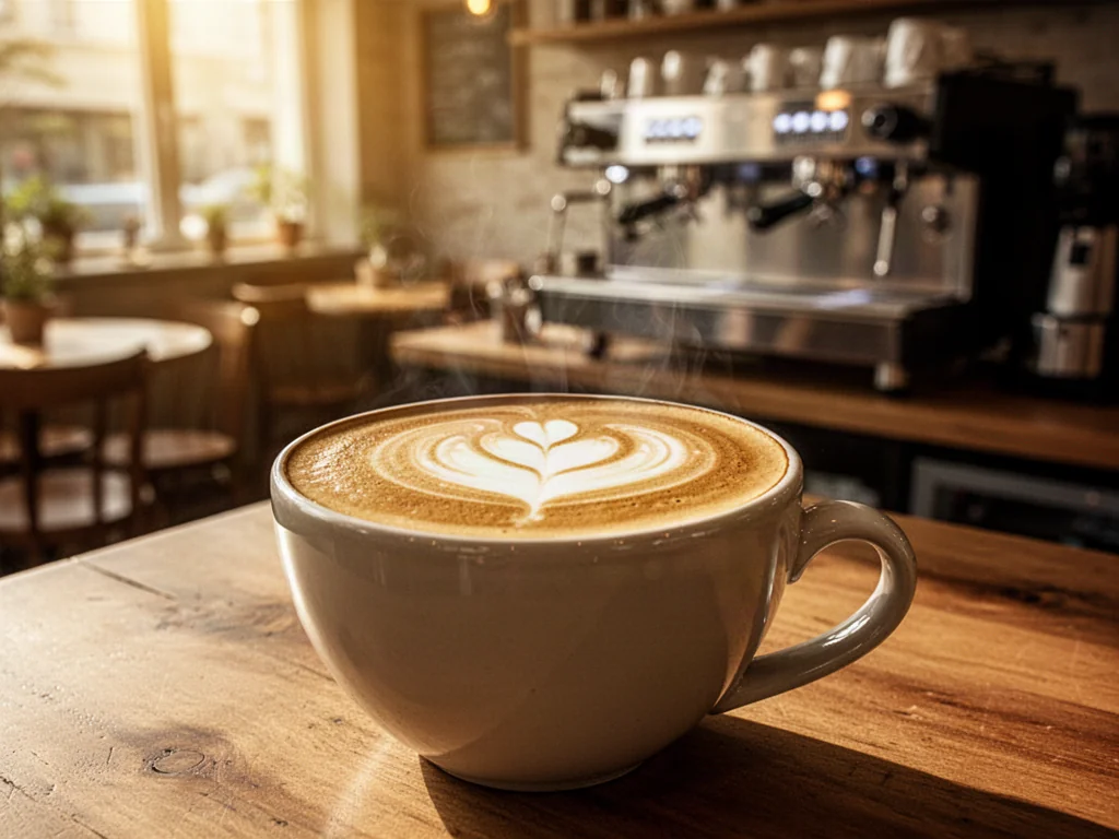 Idealnie przygotowana kawa flat white z delikatnym wzorem latte art w ceramicznej filiżance na drewnianym stole.