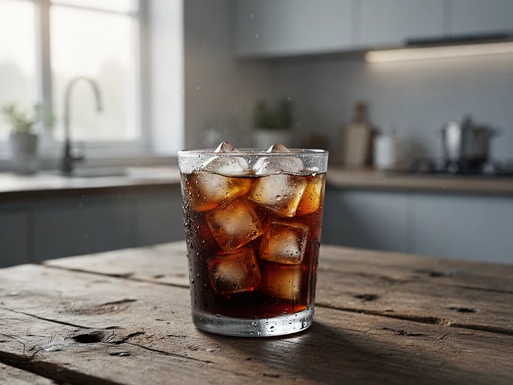 Szklanka kawy cold brew z lodem na drewnianym stole w słonecznej kuchni. Napój z widocznymi kroplami rosy na szkle.