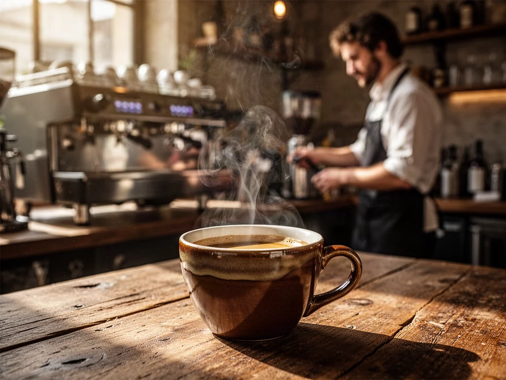 Parująca filiżanka espresso na drewnianym stole w kawiarni, w tle rozmyty ekspres i barista.