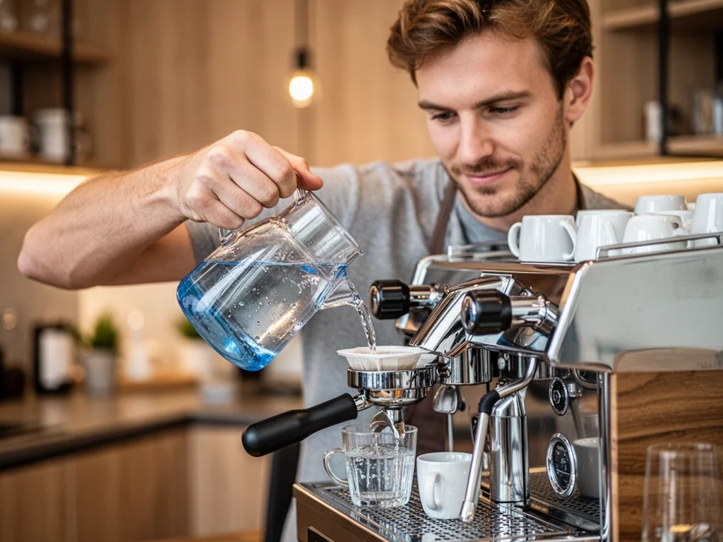Barista wlewa przefiltrowaną wodę do profesjonalnego ekspresu do kawy w nowoczesnej kuchni.