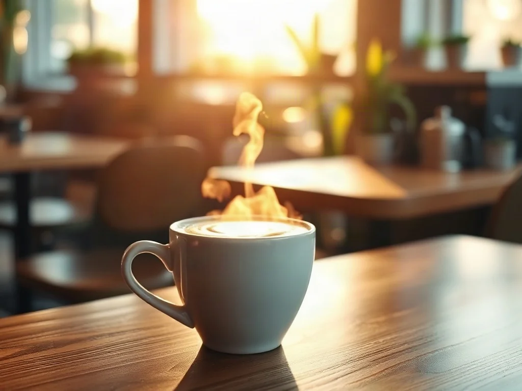 Parująca filiżanka cappuccino z wzorem na piance na drewnianym stole w przytulnej kawiarni.