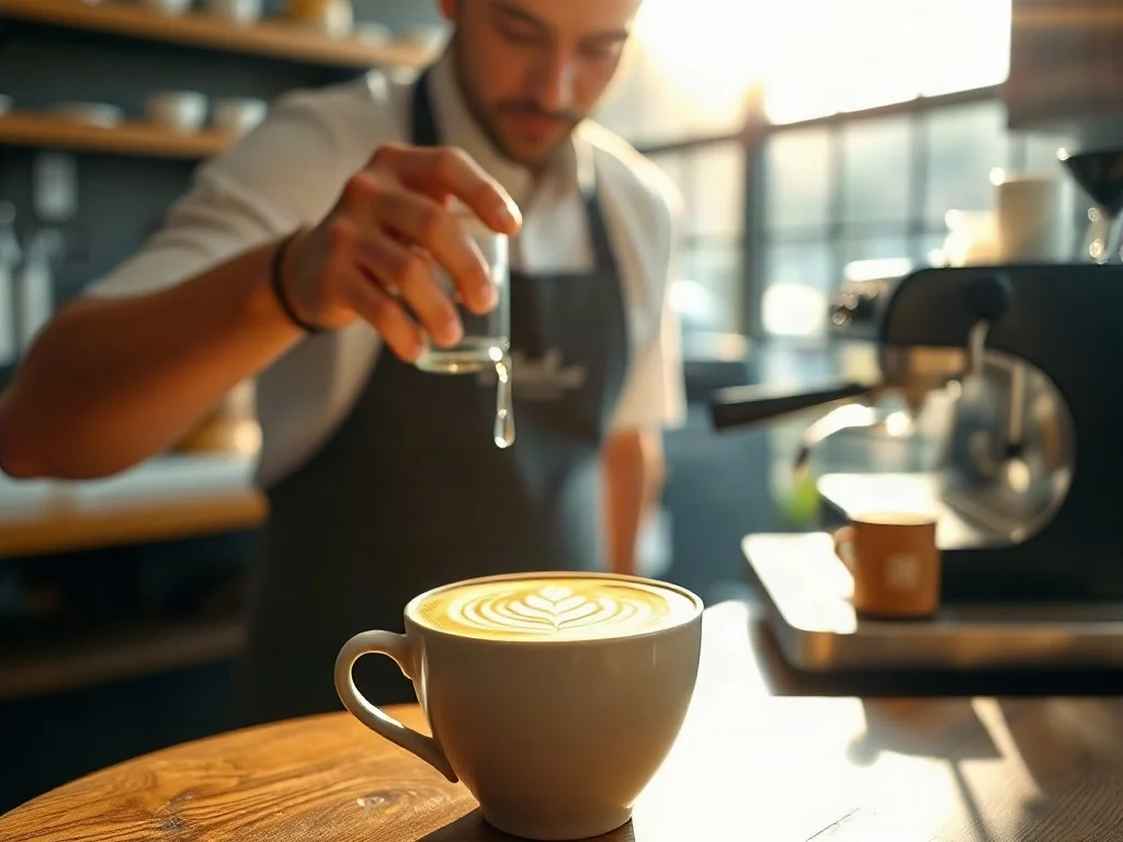 Profesjonalny barista przygotowuje cappuccino z artystycznym wzorem na piance w nowoczesnej australijskiej kawiarni.