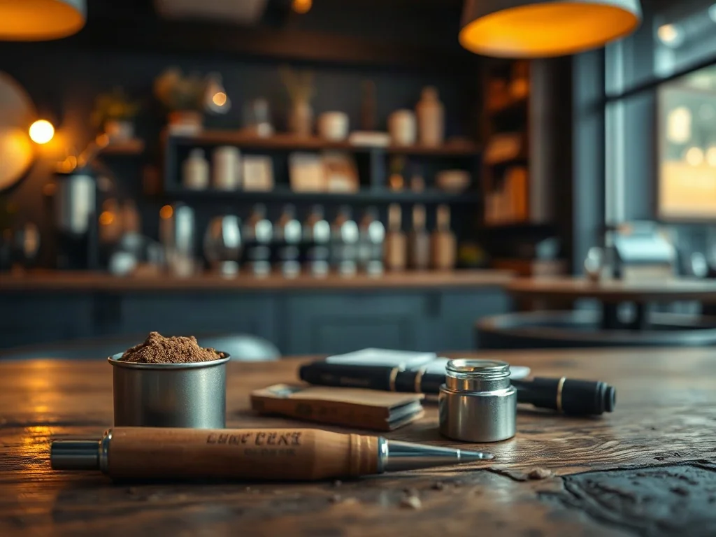 Profesjonalny zestaw do latte art z pisakiem i kakao na drewnianym stole w przytulnej kawiarni.