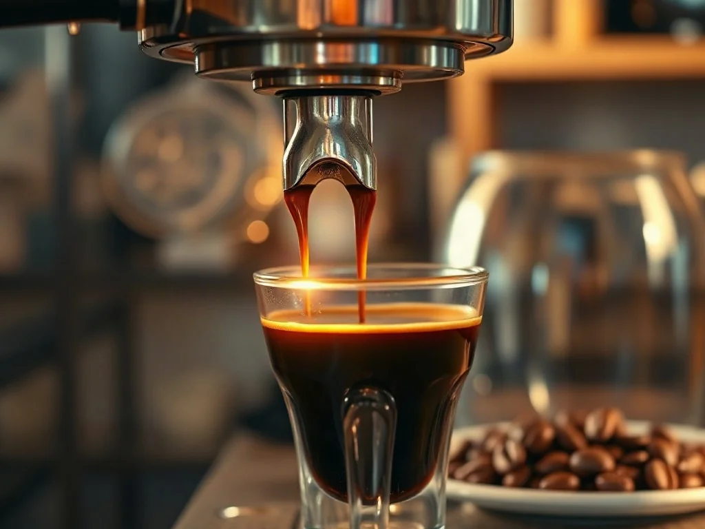 Profesjonalny portafilter ekspresu przelewający świeże espresso do szklanki, podkreślający proces ekstrakcji kawy.