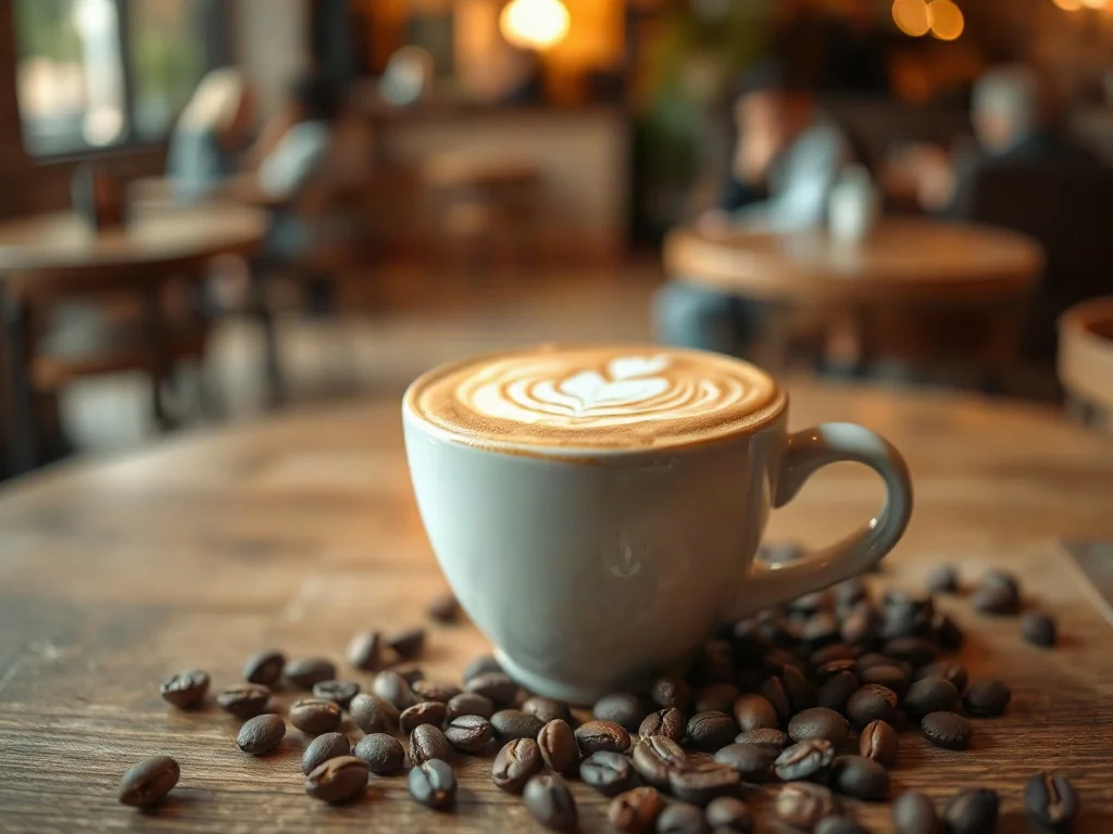 Cappuccino w ceramicznej filiżance z artystycznym wzorem latte art, podane na drewnianym stole z ziarnami kawy.