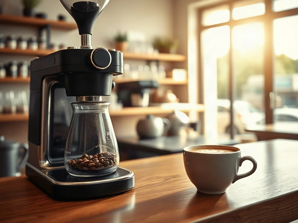 Profesjonalny ekspres do kawy z filiżanką latte art w przytulnej kawiarni, podkreślający kulturę picia kawy.