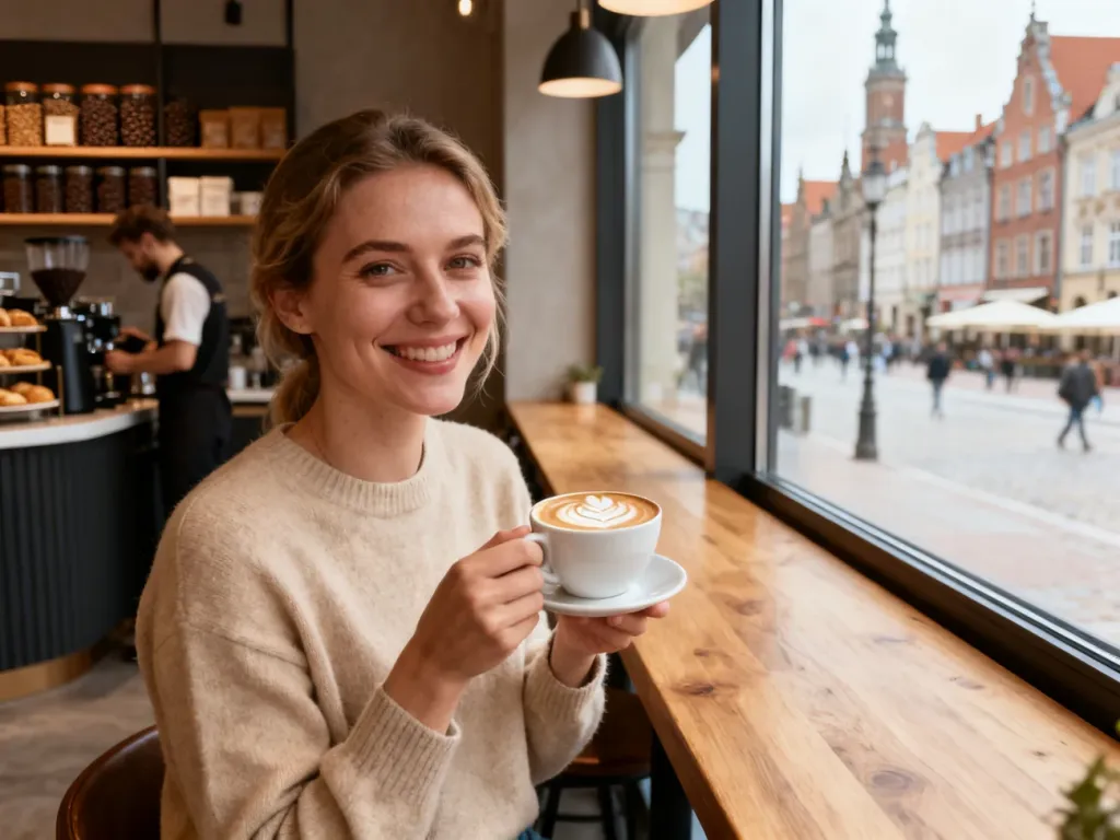 Przytulne wnętrze gdańskiej kawiarni z uśmiechniętą kobietą trzymającą latte i widokiem na historyczną ulicę, no text on the picture