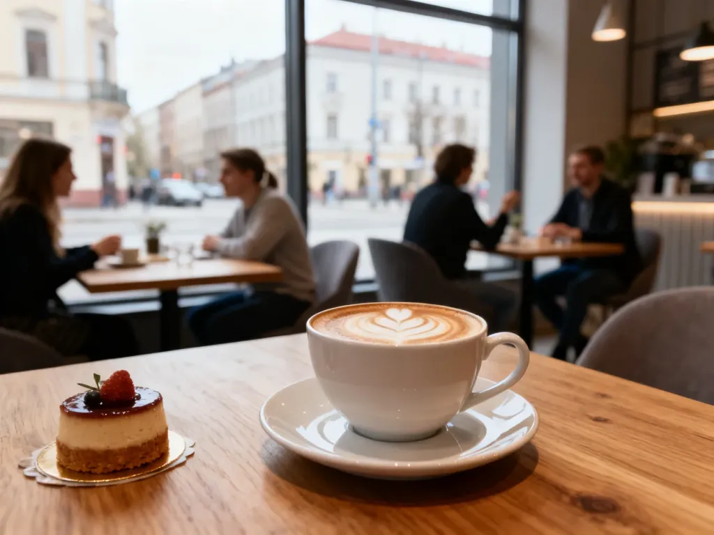 Przytulne wnętrze łódzkiej kawiarni z filiżanką kawy i deserem na drewnianym stoliku, w tle goście przy rozmowie, no text on the picture